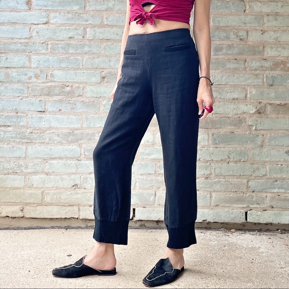 Vintage Castelbajac Trousers 90s Black Linen Cropped Knit Hem Jogger Pants JCDC